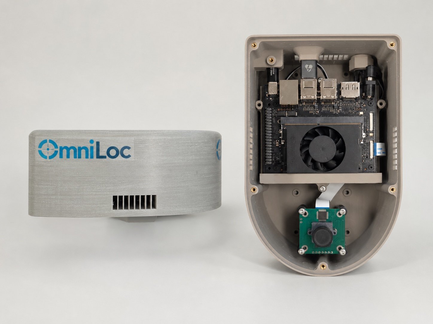 The OmniLoc All-in-One Unit: the closed enclosure beside an opened one showing the NVIDIA compute module and the downward-facing camera.